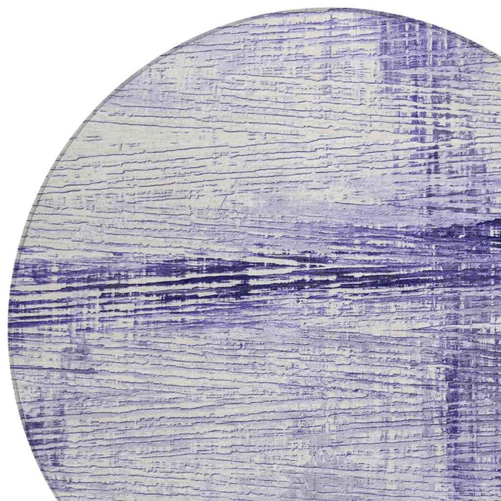 8' Lavender And Ivory Round Striped Washable Indoor Outdoor Area Rug