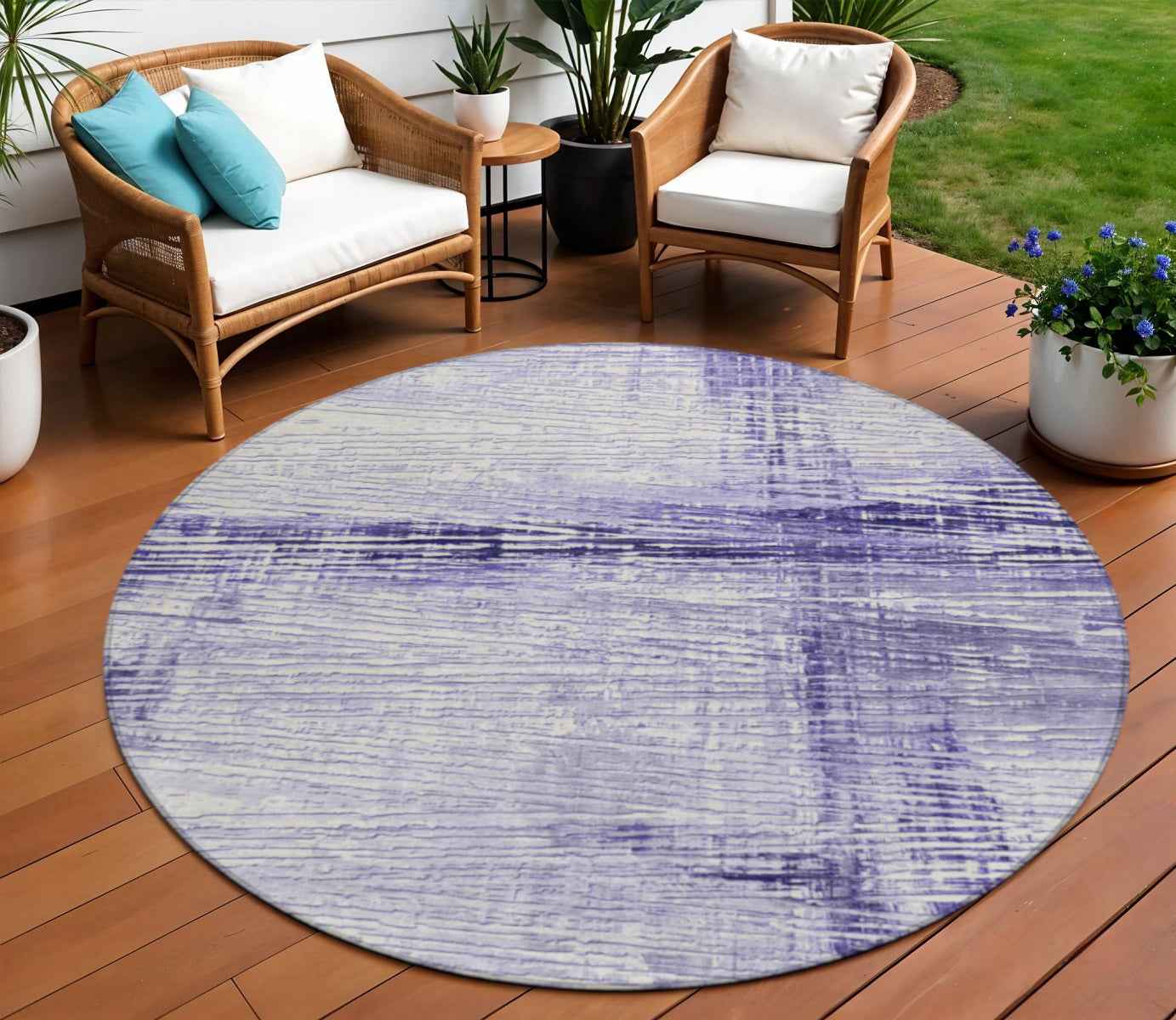 8' Lavender And Ivory Round Striped Washable Indoor Outdoor Area Rug