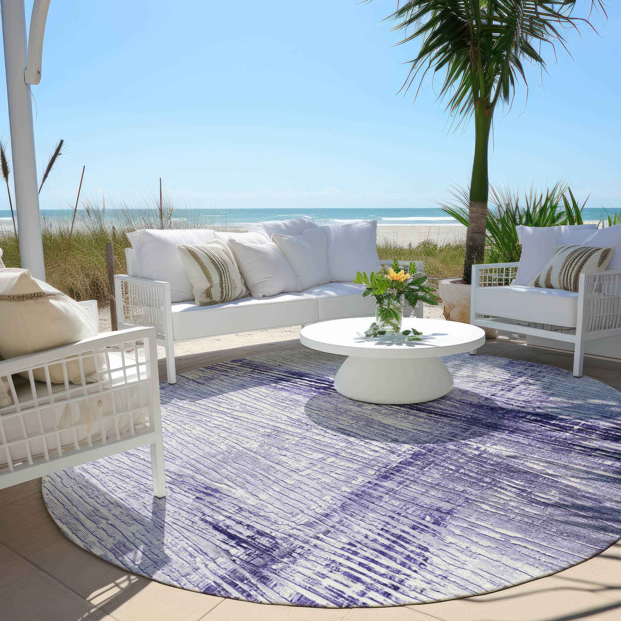 8' Lavender And Ivory Round Striped Washable Indoor Outdoor Area Rug