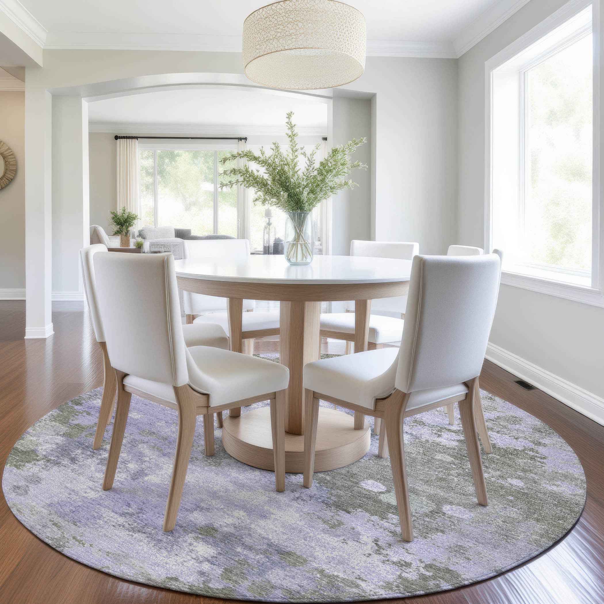 8' Lavender And Taupe Round Abstract Washable Indoor Outdoor Area Rug