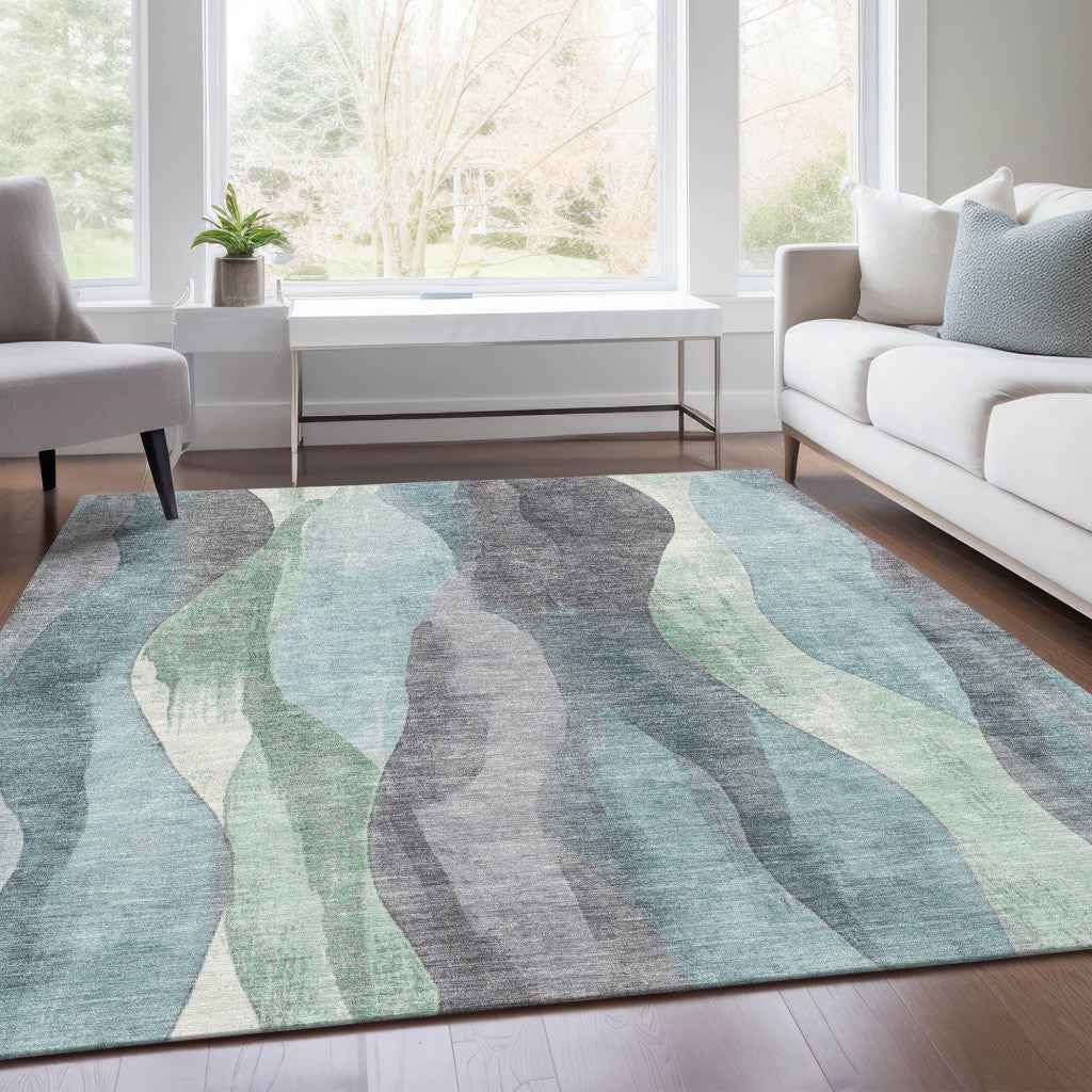 10' X 14' Teal Blue And Fern Green Abstract Washable Indoor Outdoor Area Rug