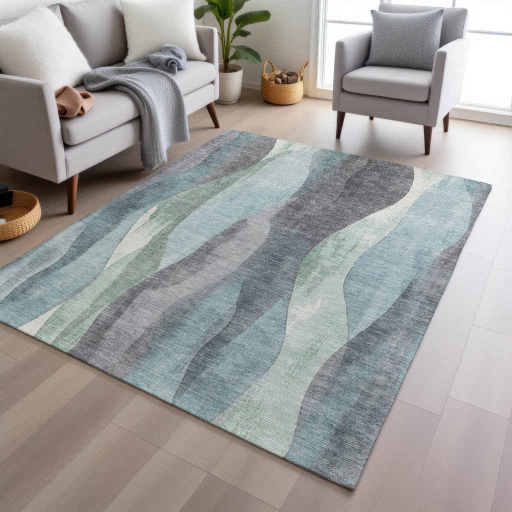 10' X 14' Teal Blue And Fern Green Abstract Washable Indoor Outdoor Area Rug