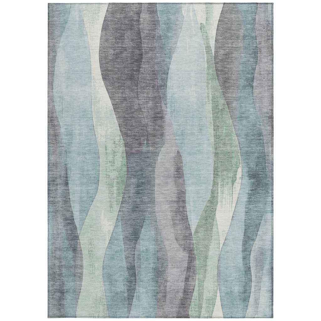 10' X 14' Teal Blue And Fern Green Abstract Washable Indoor Outdoor Area Rug