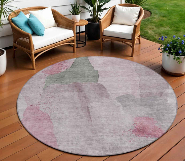 8' Blush And Gray Round Abstract Washable Indoor Outdoor Area Rug