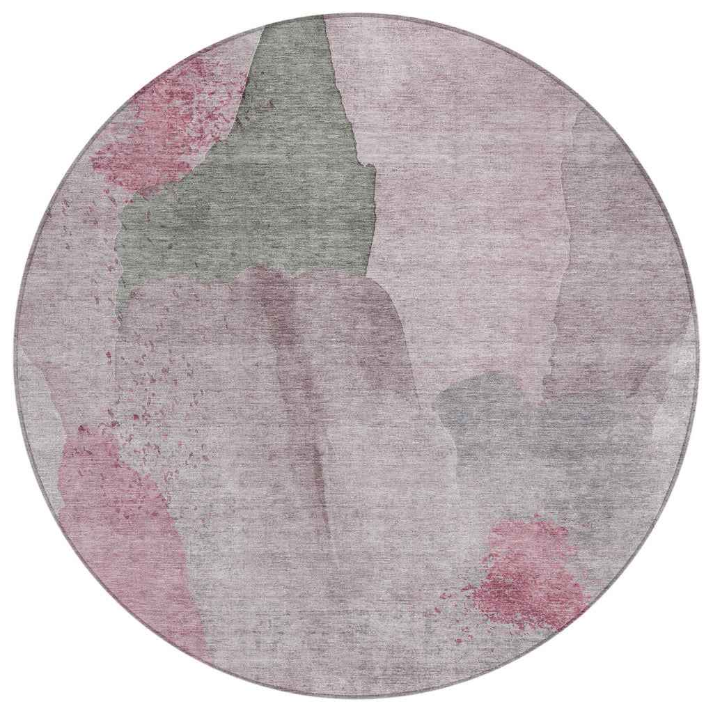8' Blush And Gray Round Abstract Washable Indoor Outdoor Area Rug