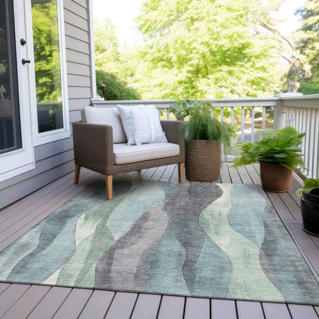 10' X 14' Teal Blue And Fern Green Abstract Washable Indoor Outdoor Area Rug