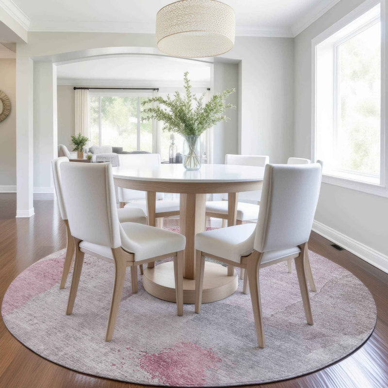 8' Blush And Gray Round Abstract Washable Indoor Outdoor Area Rug