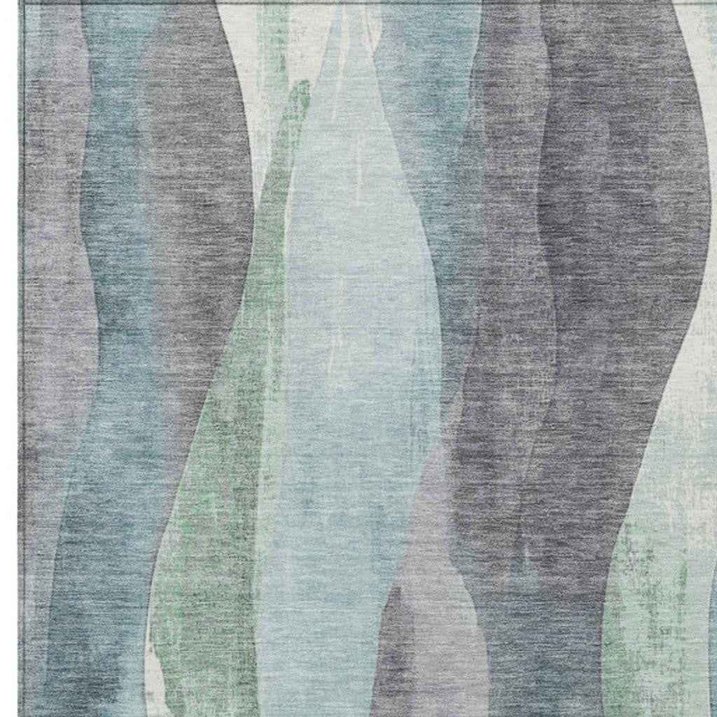 8' X 10' Teal Blue And Fern Green Abstract Washable Indoor Outdoor Area Rug
