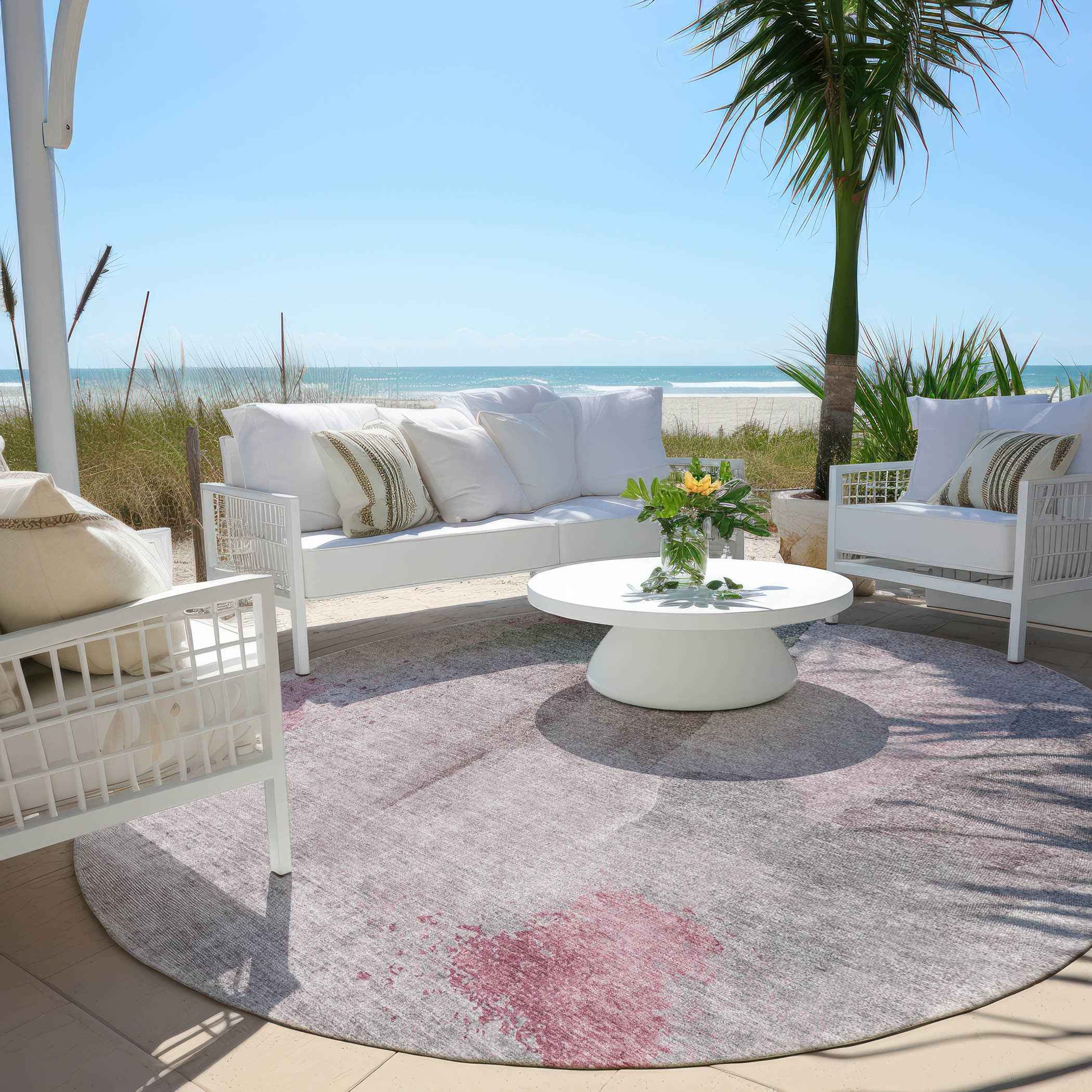 8' Blush And Gray Round Abstract Washable Indoor Outdoor Area Rug