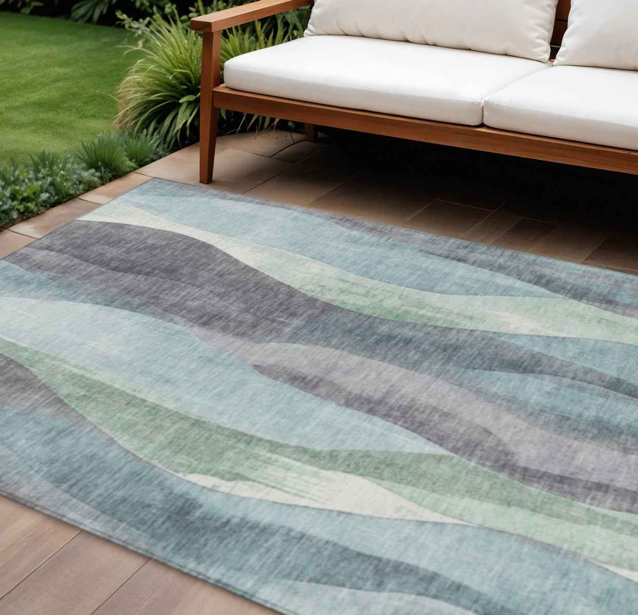 8' X 10' Teal Blue And Fern Green Abstract Washable Indoor Outdoor Area Rug