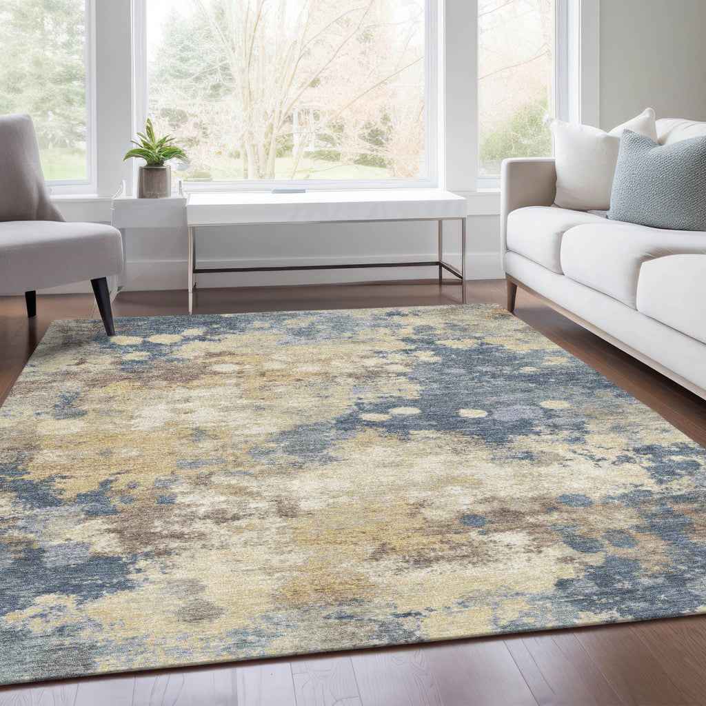 8' X 10' Gold And Beige Abstract Washable Indoor Outdoor Area Rug