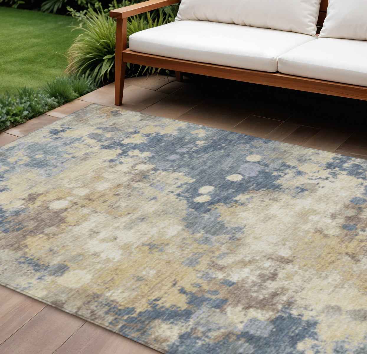 8' X 10' Gold And Beige Abstract Washable Indoor Outdoor Area Rug
