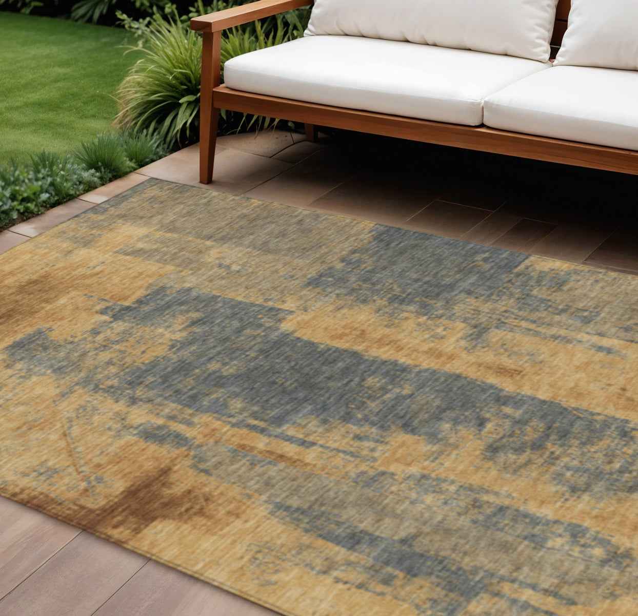 8' X 10' Gold And Charcoal Abstract Washable Indoor Outdoor Area Rug