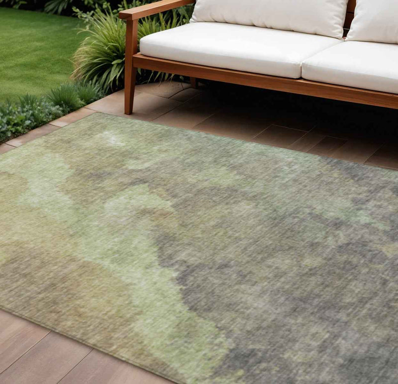 9' X 12' Artichoke Green And Taupe Abstract Washable Indoor Outdoor Area Rug