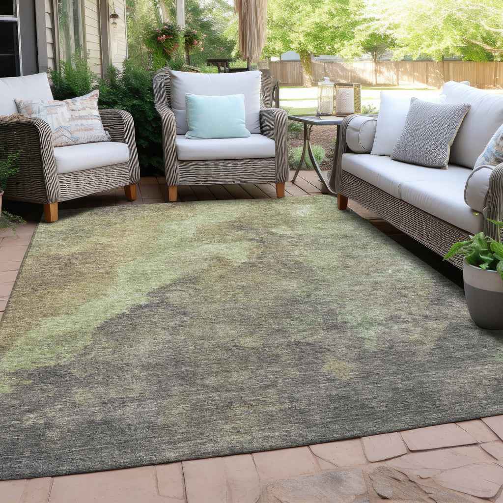 9' X 12' Artichoke Green And Taupe Abstract Washable Indoor Outdoor Area Rug