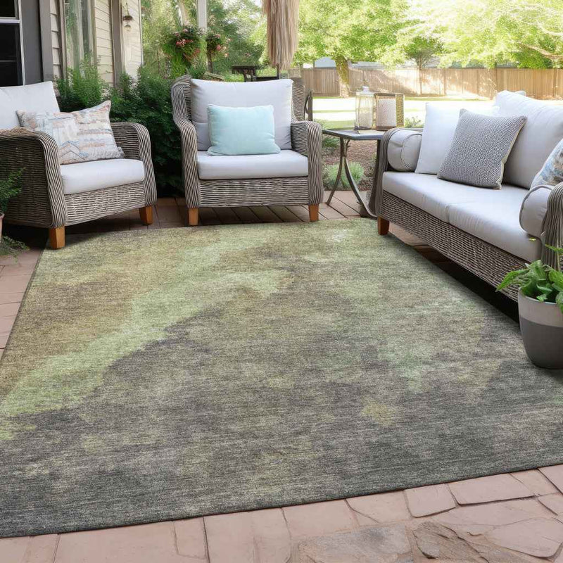9' X 12' Artichoke Green And Taupe Abstract Washable Indoor Outdoor Area Rug
