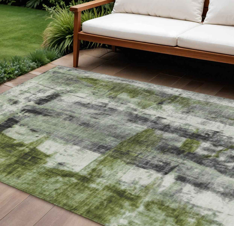 8' X 10' Olive Green And Ivory Abstract Washable Indoor Outdoor Area Rug