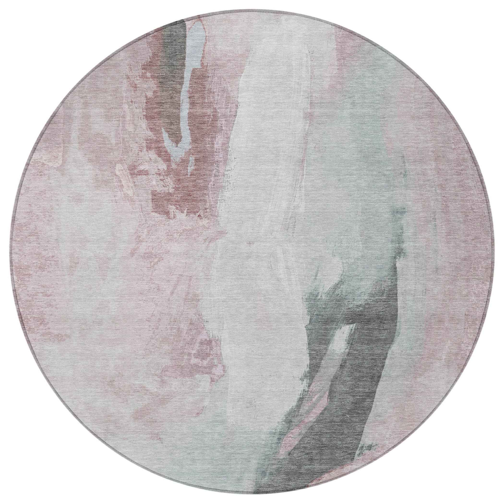 8' Blush And Gray Round Abstract Washable Indoor Outdoor Area Rug