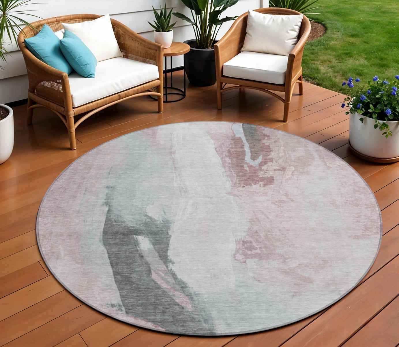 8' Blush And Gray Round Abstract Washable Indoor Outdoor Area Rug
