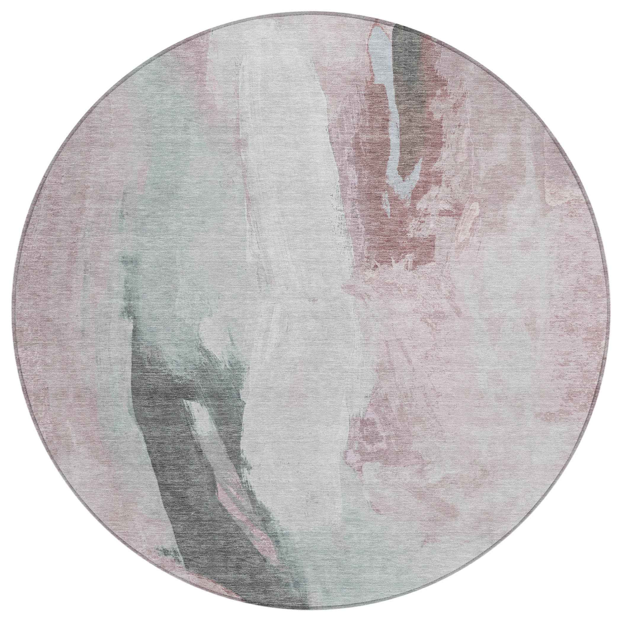 8' Blush And Gray Round Abstract Washable Indoor Outdoor Area Rug