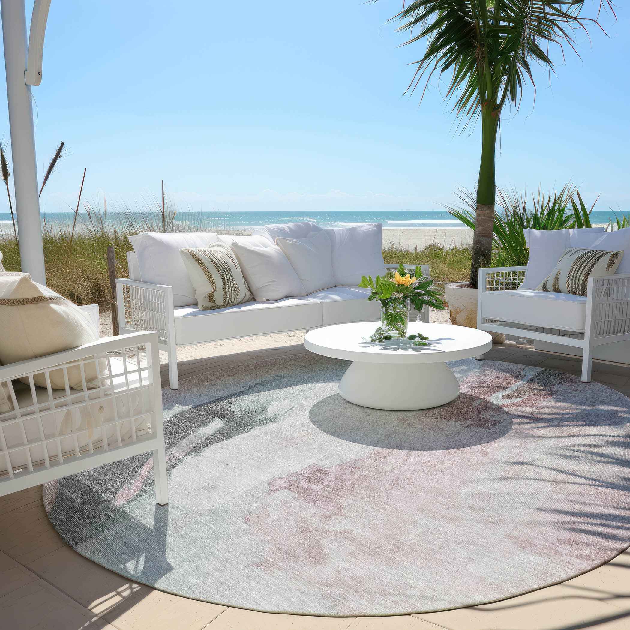 8' Blush And Gray Round Abstract Washable Indoor Outdoor Area Rug