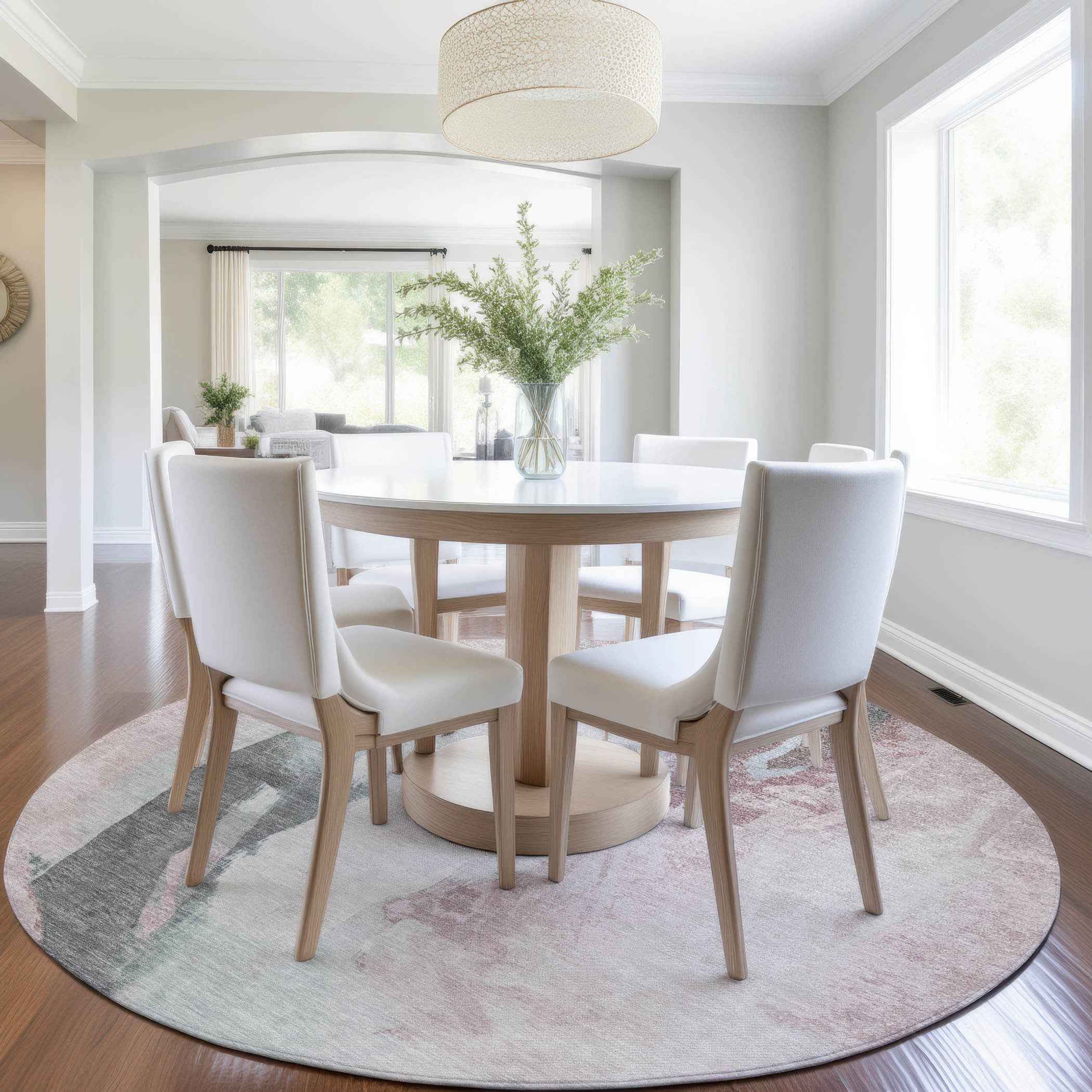 8' Blush And Gray Round Abstract Washable Indoor Outdoor Area Rug