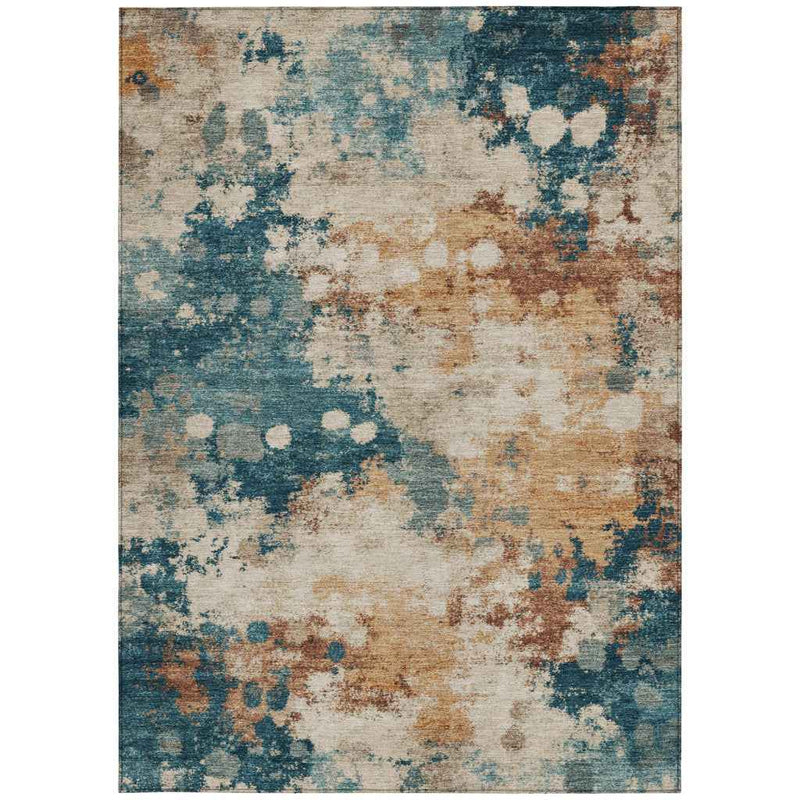 9' X 12' Beige And Teal Blue Abstract Washable Indoor Outdoor Area Rug