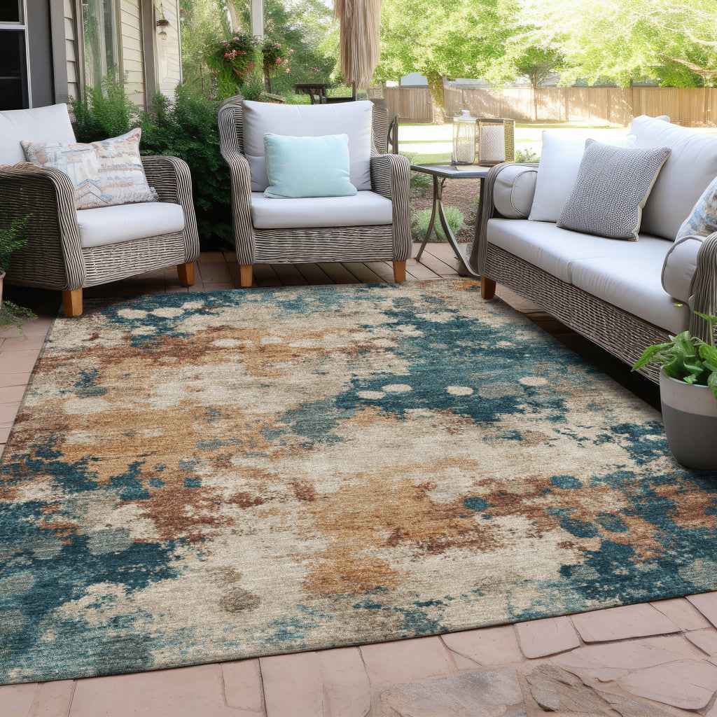 9' X 12' Beige And Teal Blue Abstract Washable Indoor Outdoor Area Rug
