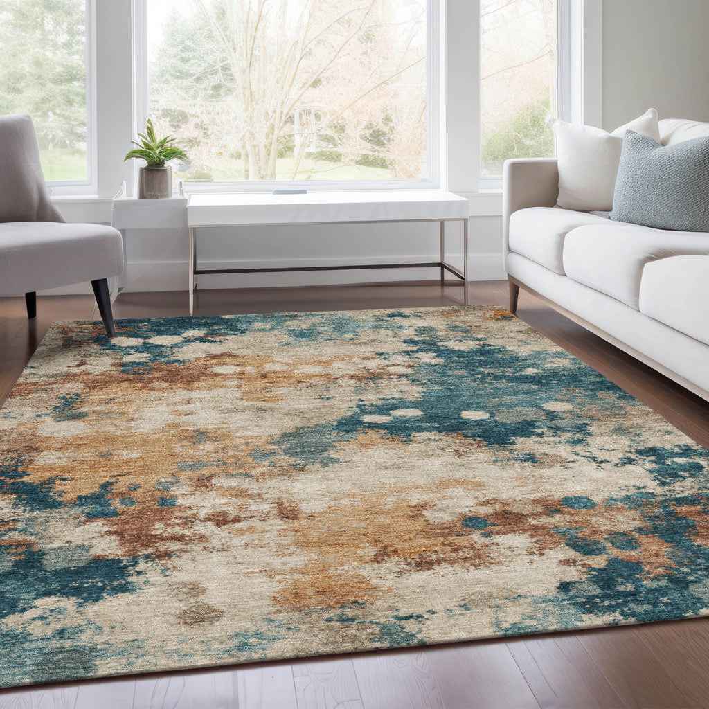 9' X 12' Beige And Teal Blue Abstract Washable Indoor Outdoor Area Rug