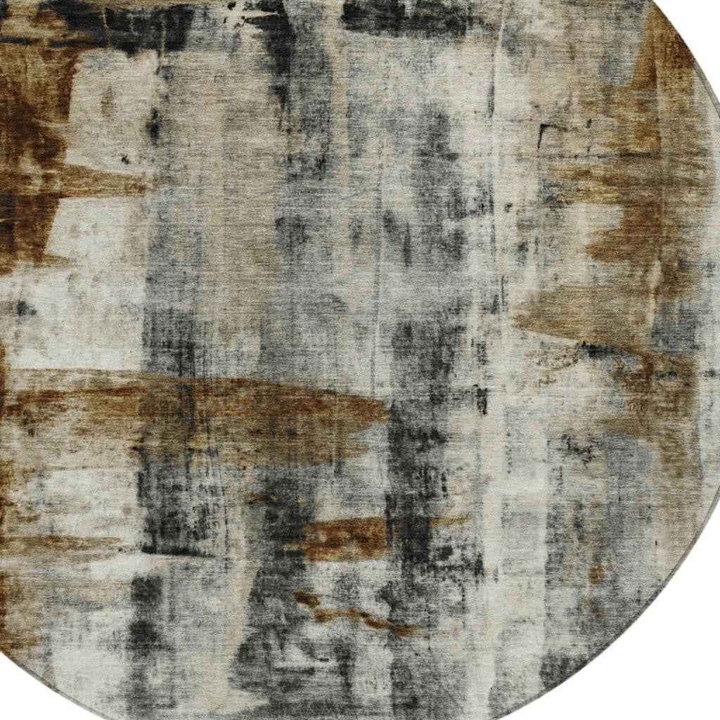 8' Taupe And Ivory Round Abstract Washable Indoor Outdoor Area Rug