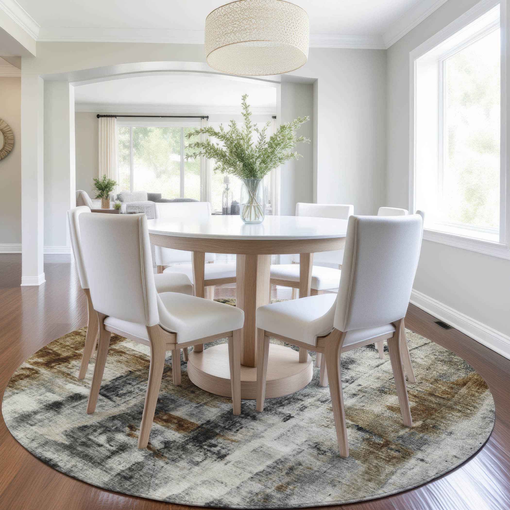 8' Taupe And Ivory Round Abstract Washable Indoor Outdoor Area Rug