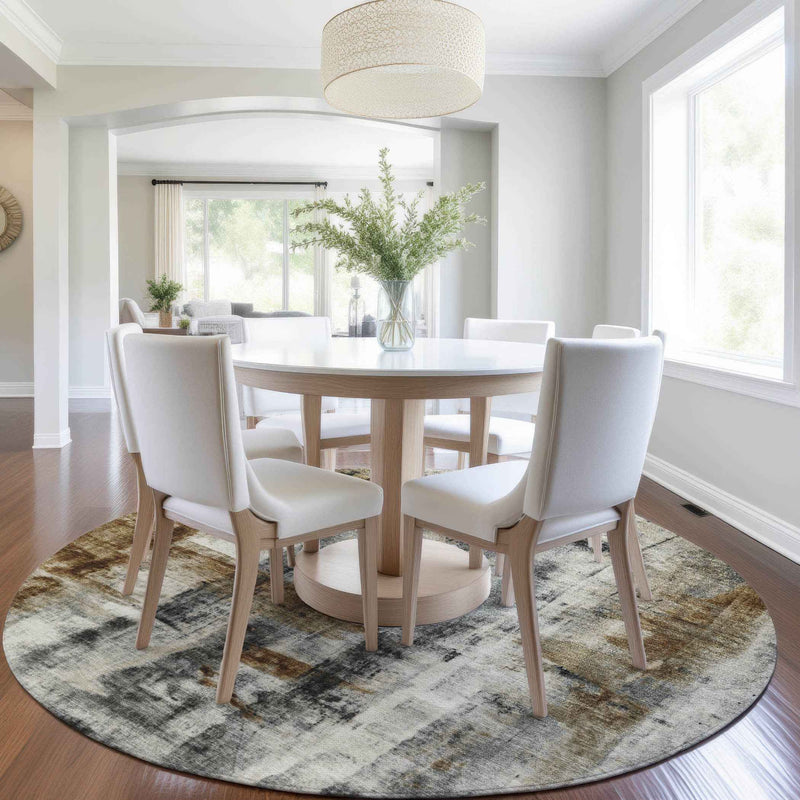 8' Taupe And Ivory Round Abstract Washable Indoor Outdoor Area Rug