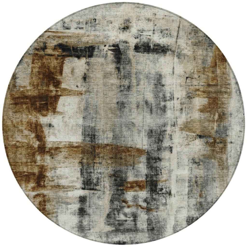 8' Taupe And Ivory Round Abstract Washable Indoor Outdoor Area Rug