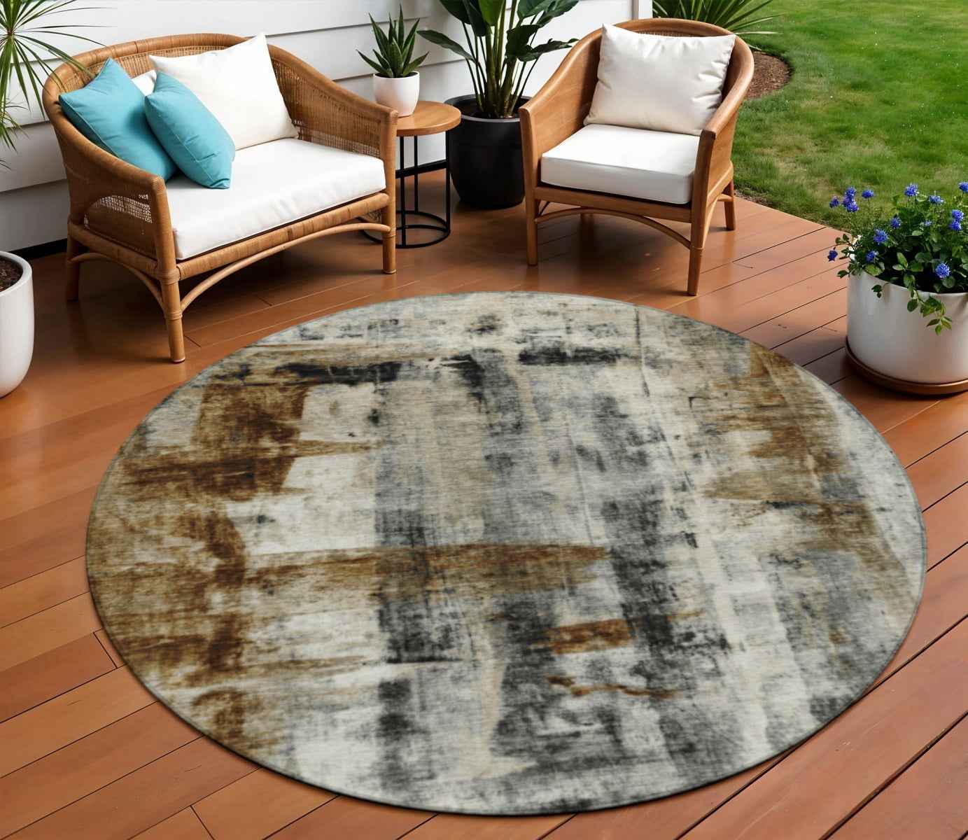 8' Taupe And Ivory Round Abstract Washable Indoor Outdoor Area Rug