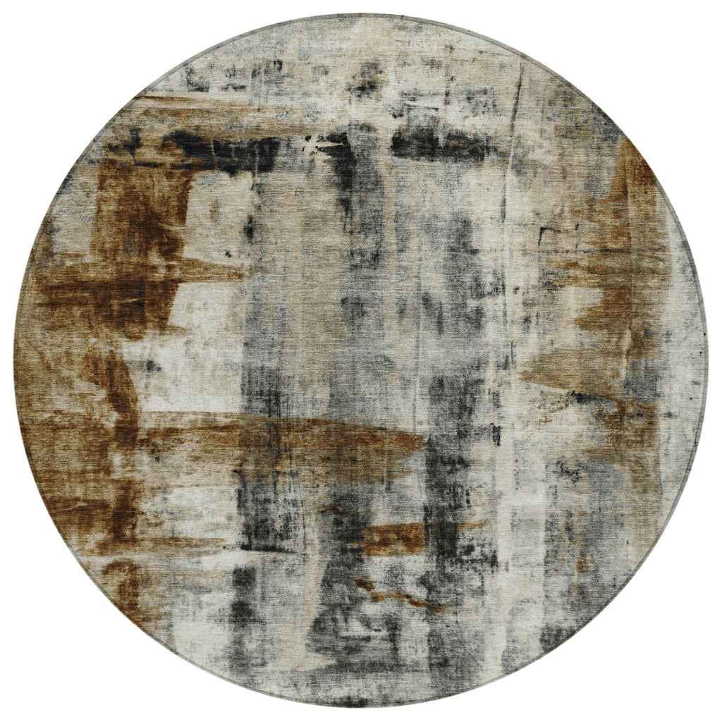 8' Taupe And Ivory Round Abstract Washable Indoor Outdoor Area Rug