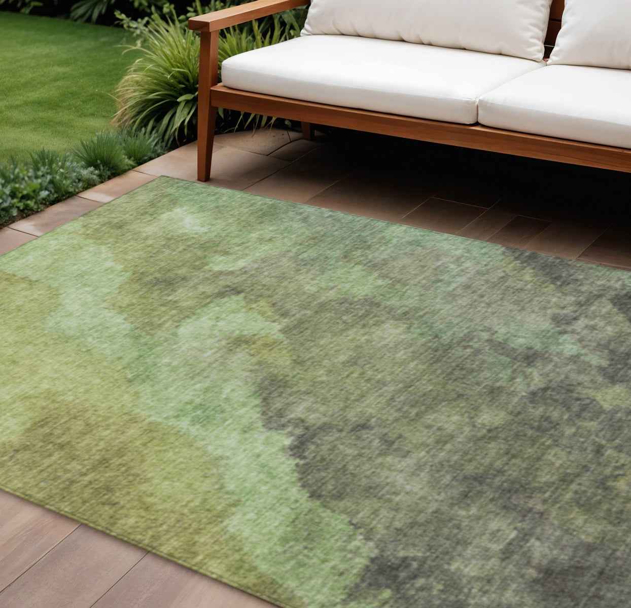 9' X 12' Green And Charcoal Abstract Washable Indoor Outdoor Area Rug