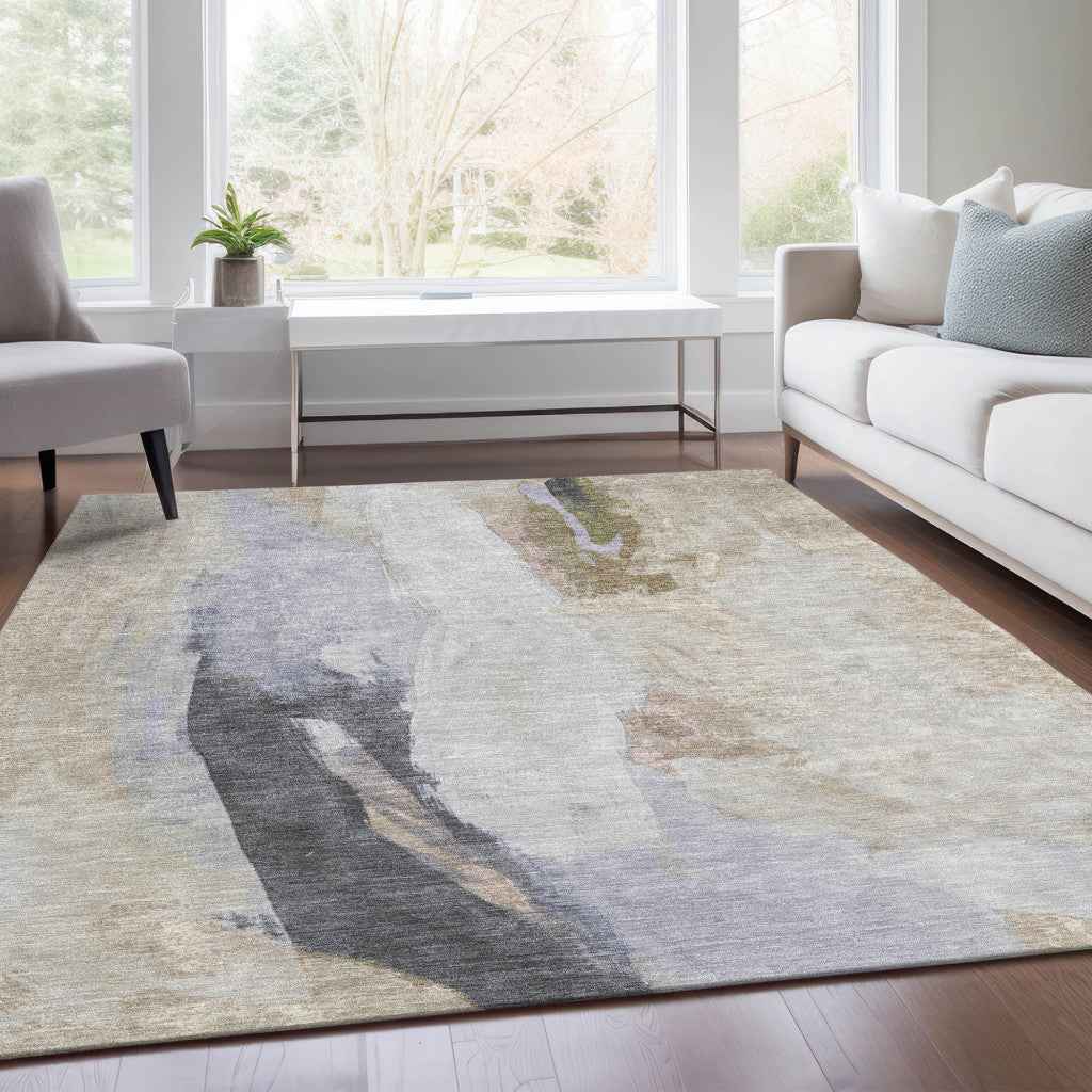 8' X 10' Ivory And Charcoal Abstract Washable Indoor Outdoor Area Rug
