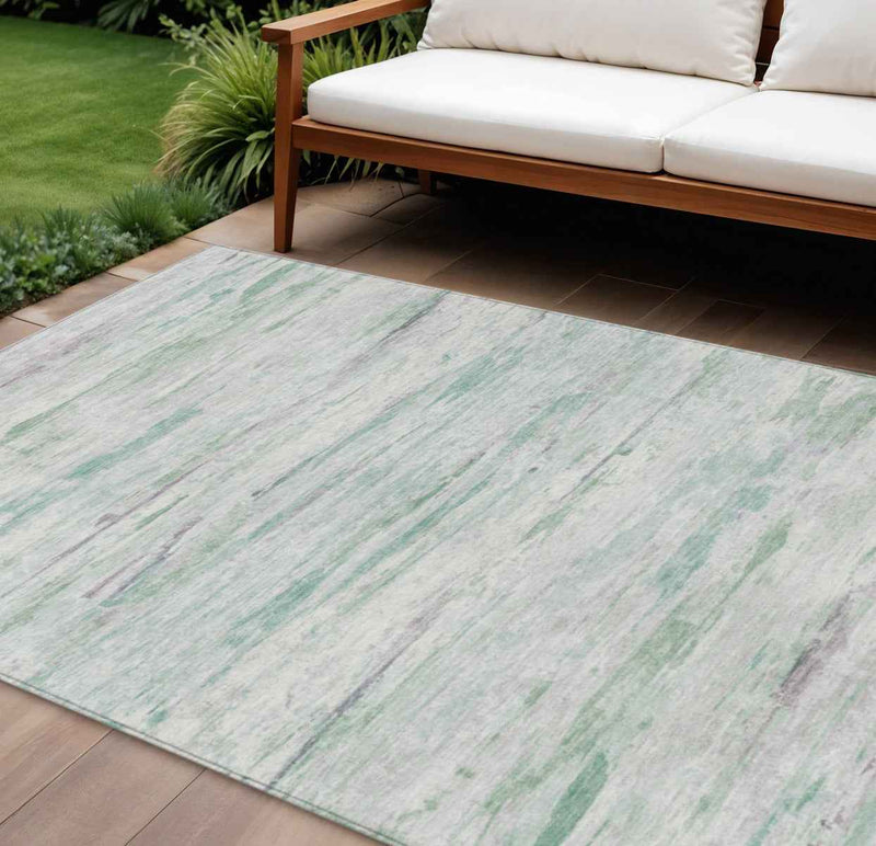 9' X 12' Artichoke Green And Ivory Abstract Washable Indoor Outdoor Area Rug