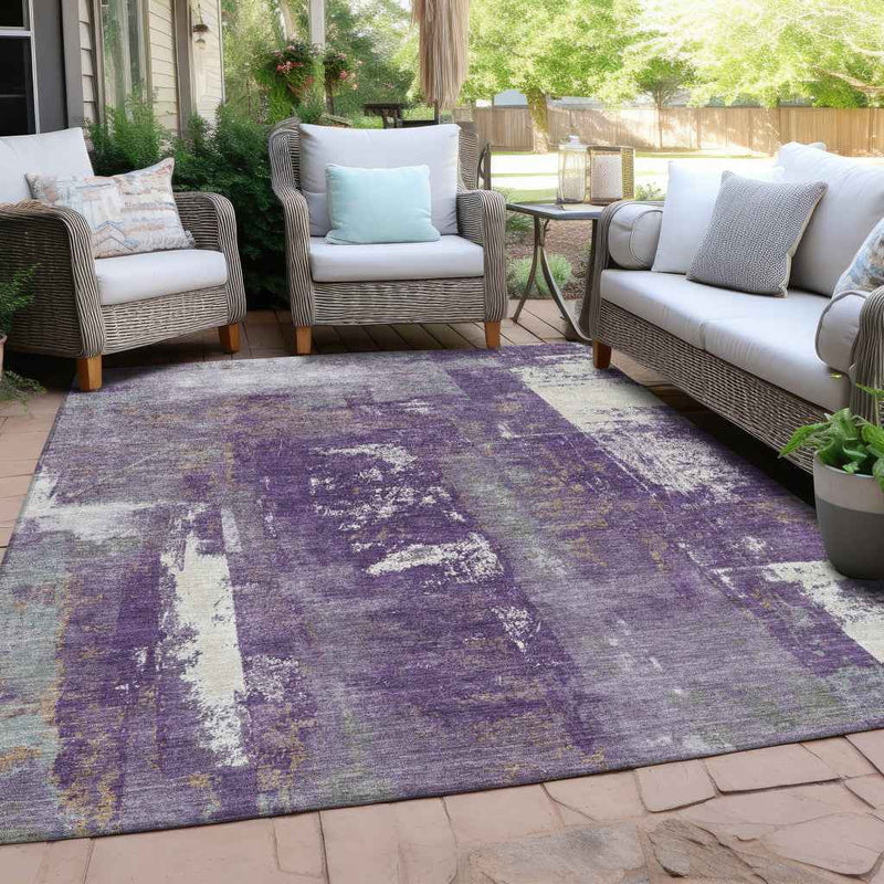 10' X 14' Purple And Ivory Abstract Washable Indoor Outdoor Area Rug
