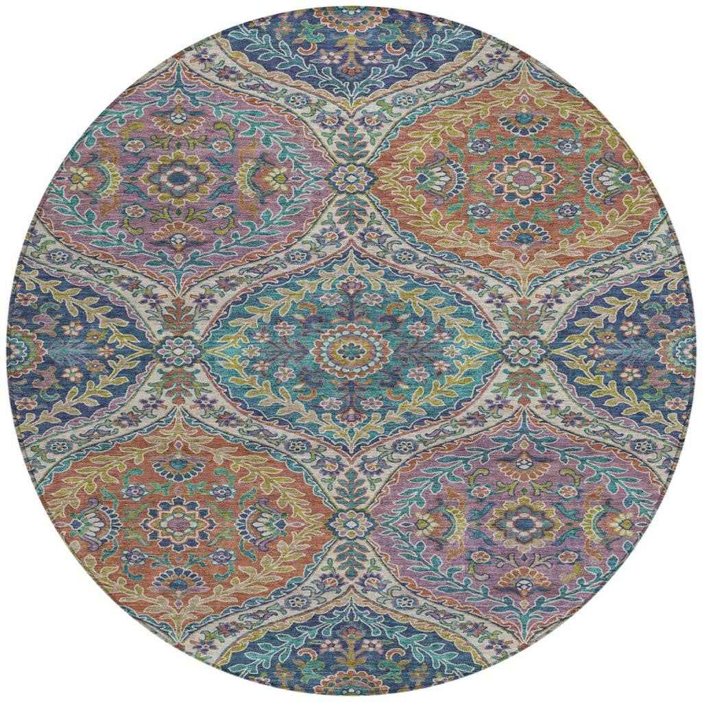8' Blue Copper And Gold Round Floral Washable Indoor Outdoor Area Rug
