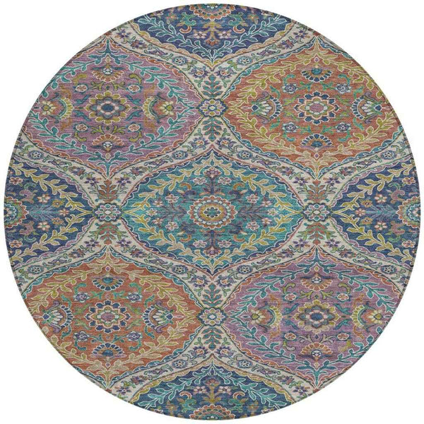 8' Blue Copper And Gold Round Floral Washable Indoor Outdoor Area Rug
