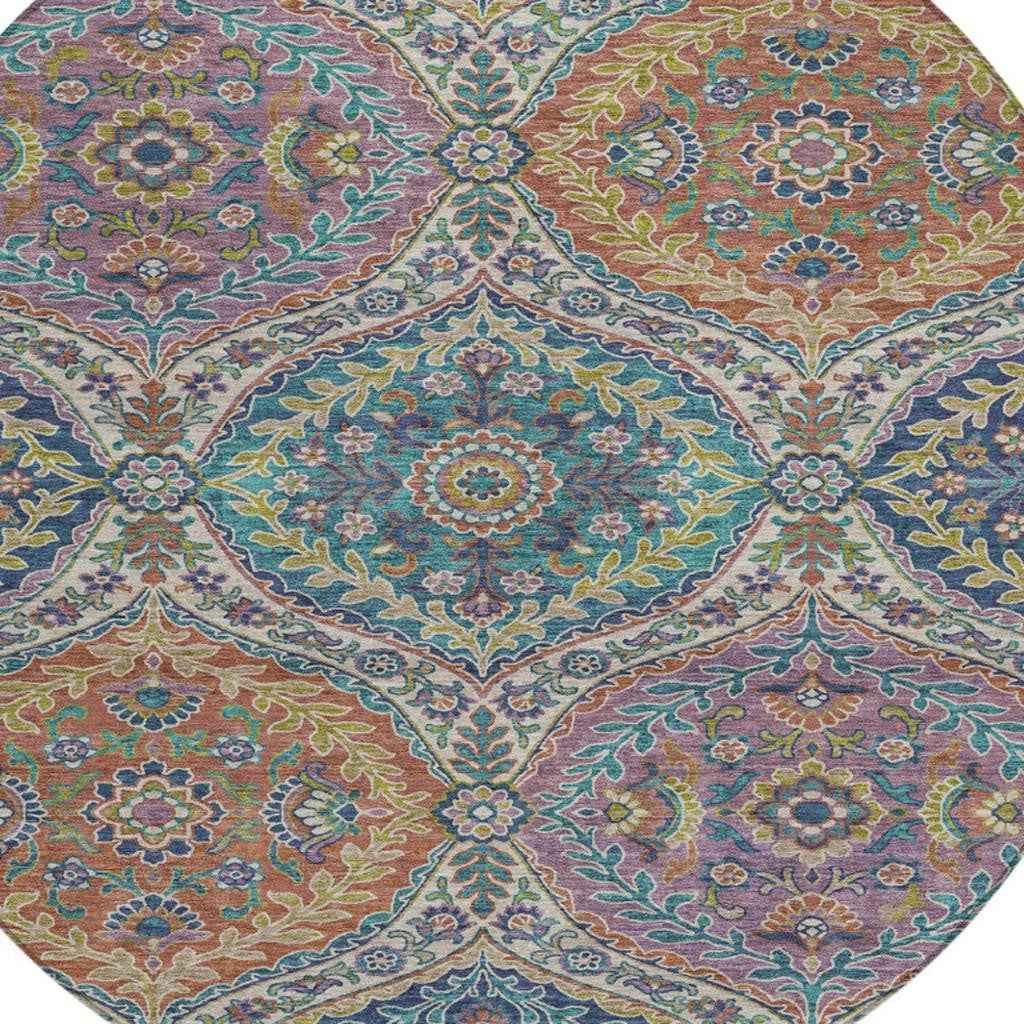8' Blue Copper And Gold Round Floral Washable Indoor Outdoor Area Rug