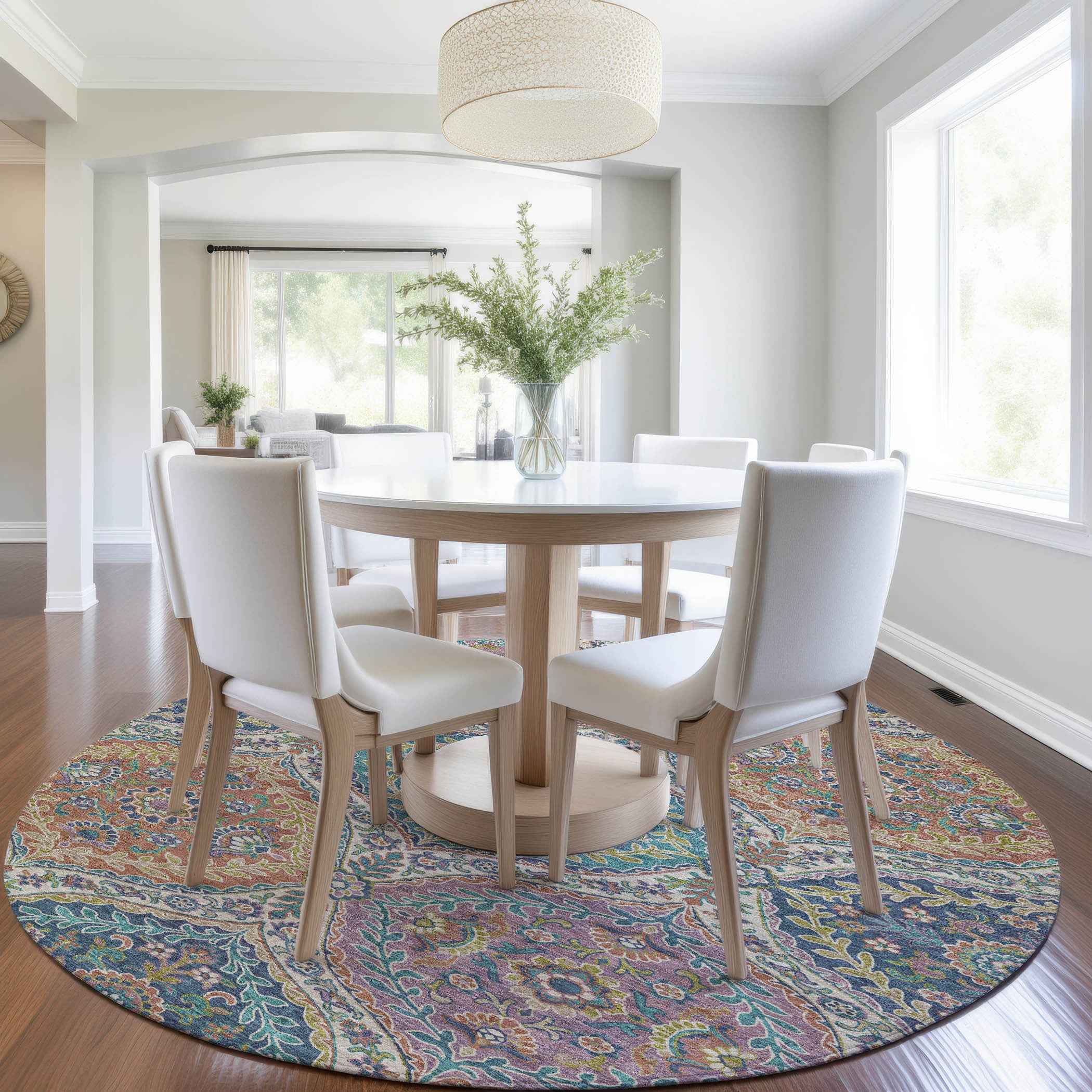 8' Blue Copper And Gold Round Floral Washable Indoor Outdoor Area Rug