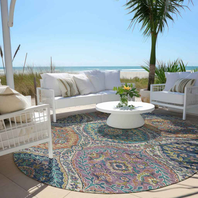 8' Blue Copper And Gold Round Floral Washable Indoor Outdoor Area Rug