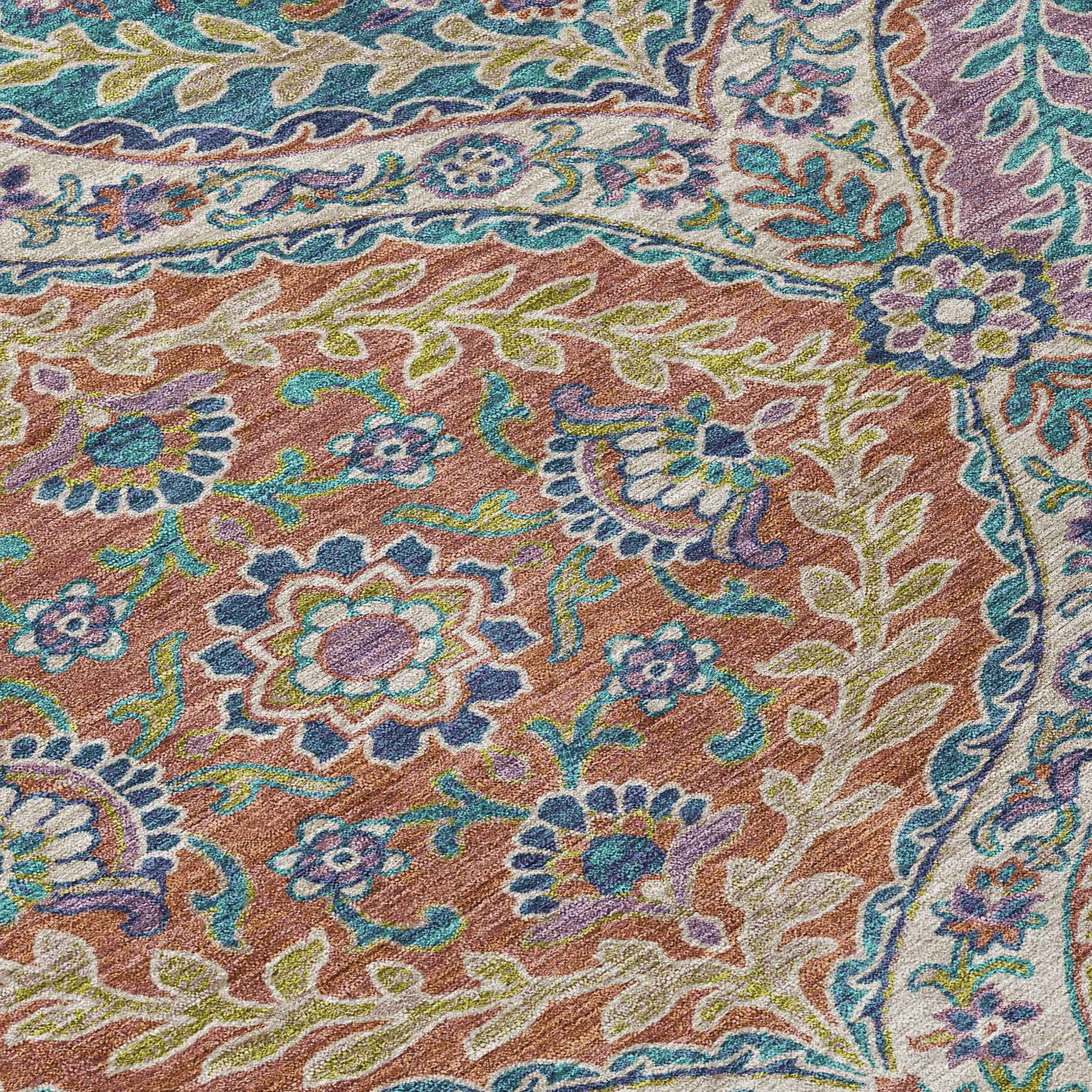 8' Blue Copper And Gold Round Floral Washable Indoor Outdoor Area Rug