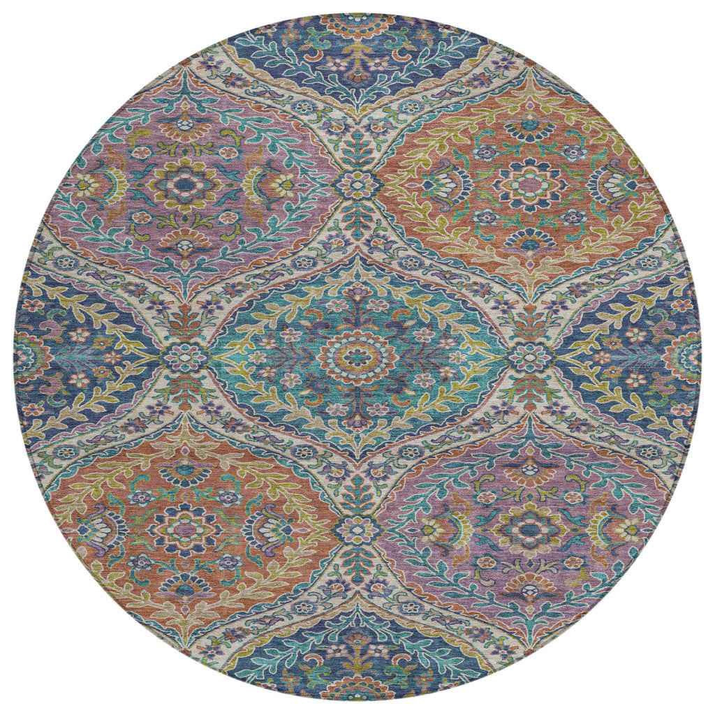 8' Blue Copper And Gold Round Floral Washable Indoor Outdoor Area Rug