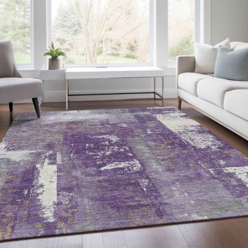 8' X 10' Purple And Ivory Abstract Washable Indoor Outdoor Area Rug