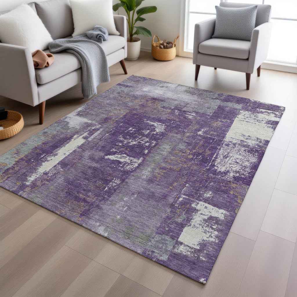 8' X 10' Purple And Ivory Abstract Washable Indoor Outdoor Area Rug