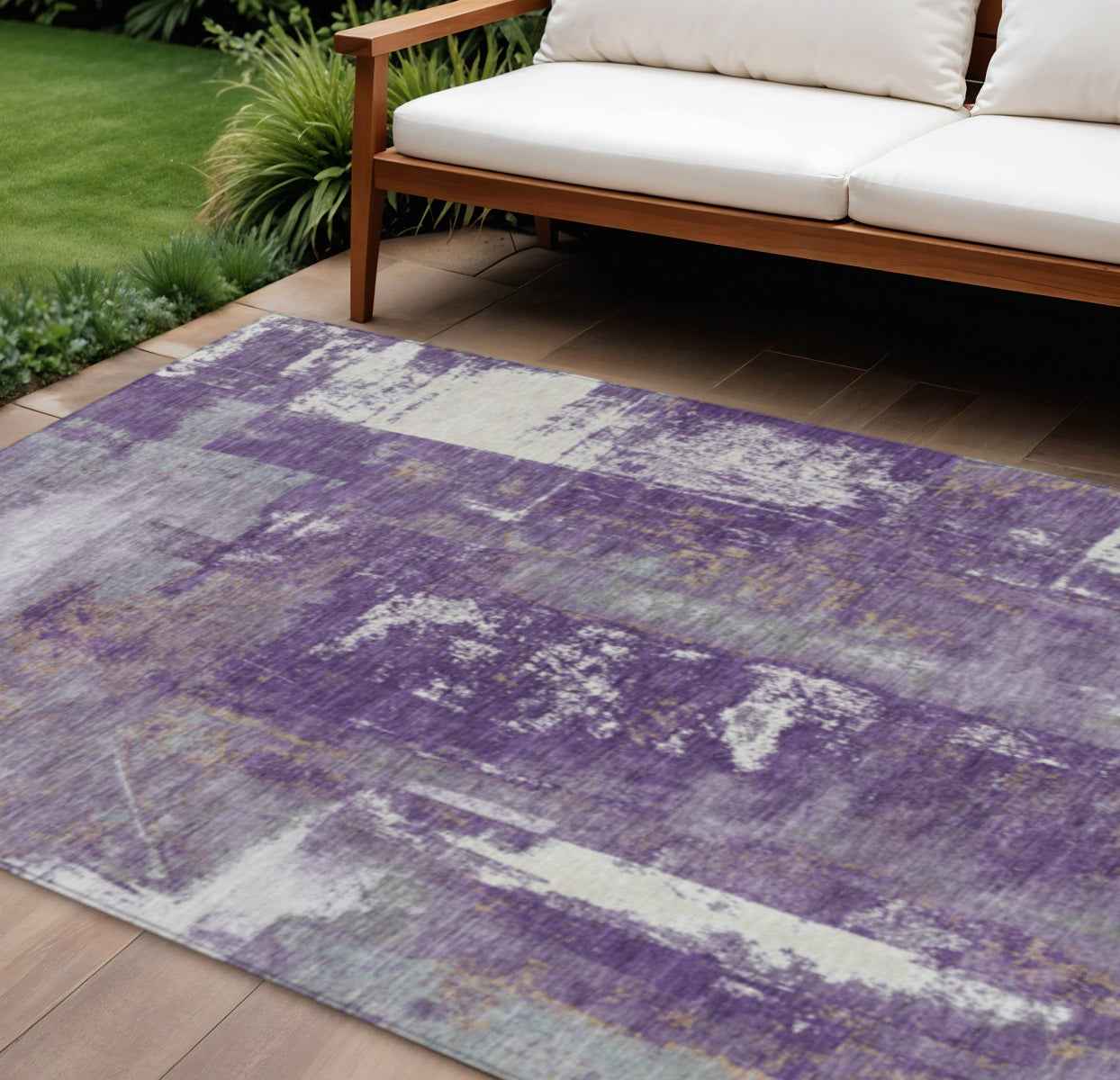 8' X 10' Purple And Ivory Abstract Washable Indoor Outdoor Area Rug