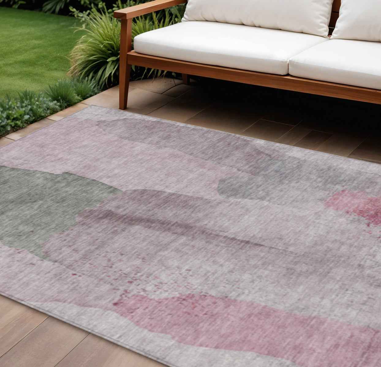 9' X 12' Blush And Gray Abstract Washable Indoor Outdoor Area Rug